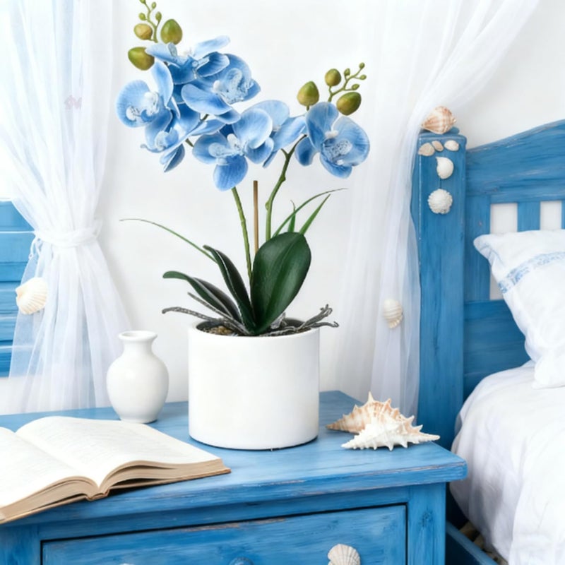Jusdreen Artificial Blue Orchid in Ceramic Pot, Realistic Phalaenopsis Arrangement with Potting for Home Office Table Decor, 14.5 Inch Flower Centerpiece - Image 3